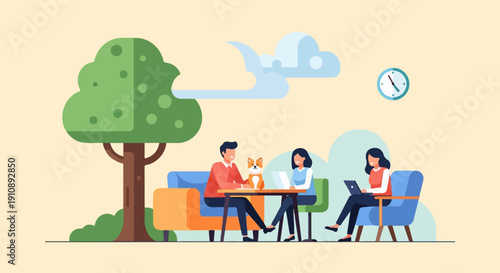 People and dog enjoy outdoor relaxation, working on laptops