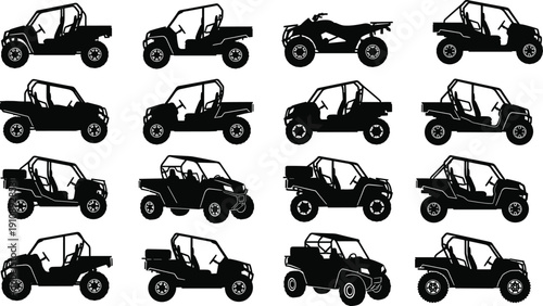 Off Road Utility Vehicle Silhouettes Collection Set Isolated on White Background, Side by Side UTV and ATV Vector IllustrationOff Road Utility Vehicle Silhouettes 