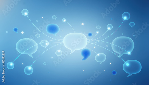 Collection of translucent speech bubbles connected by lines on blue background symbolizes communication and networking. image conveys sense of digital interaction and connectivity