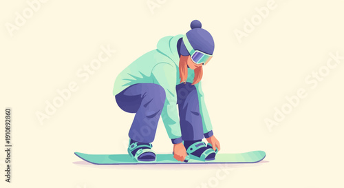 Person adjusting snowboard bindings, preparing to descend a snowy slope