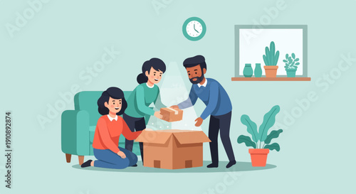 People unpacking a box in a room with plants and a clock