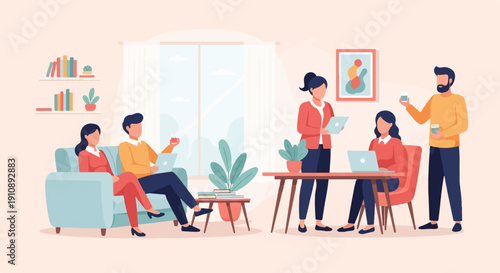 People in a bright, modern living room collaborating on laptops and drinks