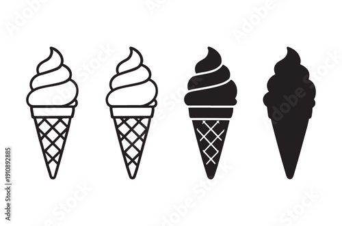 Four black and white illustrations of ice cream cones with varying shades and styles