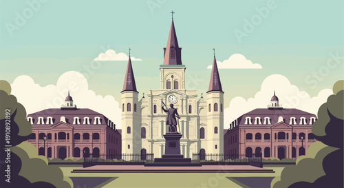 Pixel art of historic cathedral with central statue and flanking buildings