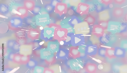 Colorful social media icons with hearts and play symbols create vibrant digital atmosphere. blurred background adds depth and motion, enhancing dynamic feel of online interaction