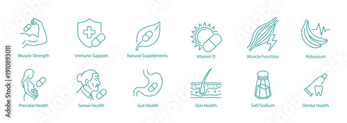 Natural Supplements and Body Care Icons. Vector Symbols for Vitamin D, Salt, and Digestion.
