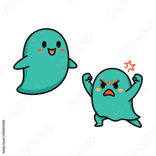 Cartoon ghosts with different emotions in kawaii style with soft pastel colors on white background for social media stickers