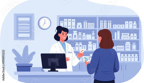 Pharmacist assisting customer with medication in a clean, well-stocked store