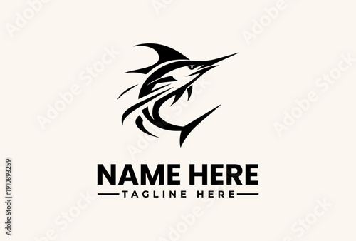 A black and white illustration of a marlin fish logo with a customizable name and tagline on a plain beige background.