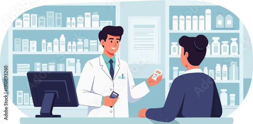 Pharmacist handing medication to customer in a well-stocked drugstore