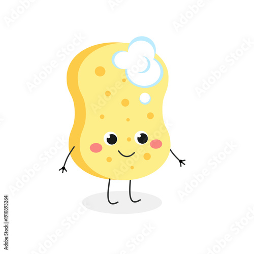 Cute smiling cartoon sponge with foam
