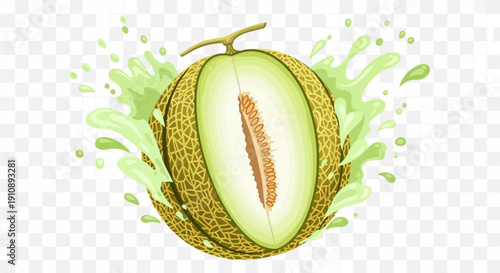 Freshly cut cantaloupe melon illustration bursting with green juice splashes, perfect for healthy eating promotions on transparent background
