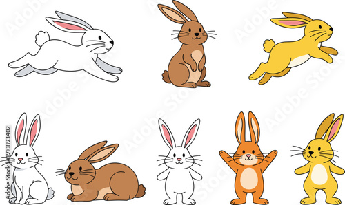 фотографія Adorable Cartoon Rabbit Collection Featuring White, Brown, and Golden Bunnies in