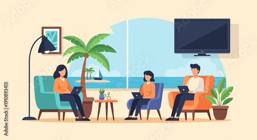 People using laptops with a tropical beach view and a TV
