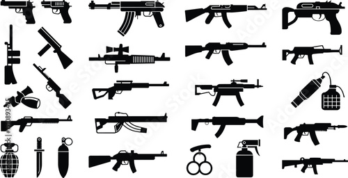 Comprehensive Firearms and Weapons Icon Set Featuring Pistols, Rifles, Shotguns, Grenades and Tactical Equipment in Flat Black Silhouette Vector