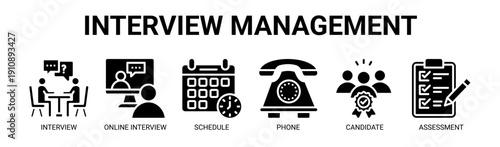 Interview Management web banner icon vector illustration concept with icon of interview, online interview, schedule, phone, candidate, and assessment.