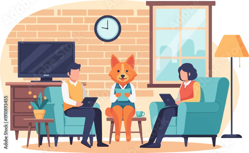 People and a dog in a cozy room with a TV, window, and lamp