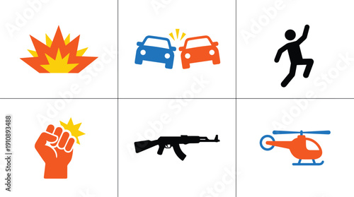 Emergency and Conflict Icon Set Featuring Explosion, Car Crash, Protest Fist, Rifle and Helicopter in Flat Vector Design
