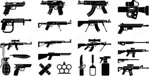 Extensive Firearms and Tactical Weapons Icon Collection Featuring Pistols, Assault Rifles, Shotguns, Grenades and Military Equipment in Black Silhouette Vector