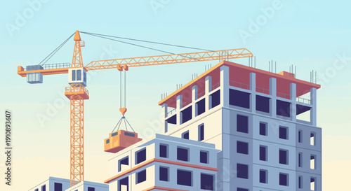 Pixelated construction site with crane lifting material to unfinished building