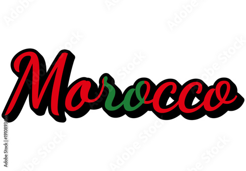 Morocco Travel Sticker. Country Name Vector Text Design with Flag Colors