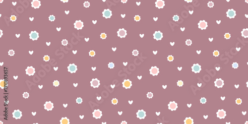 Minimalist seamless repeat pattern with daisy flowers and hearts, Blooming Spring floral background, Summer season illustration.