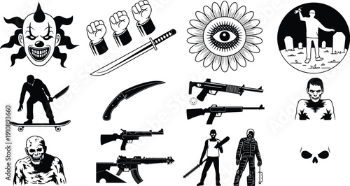 Horror and Violence Icon Set Featuring Clown, Zombie, Weapons, Skull and Dark Occult Symbols in Black Vector Illustration