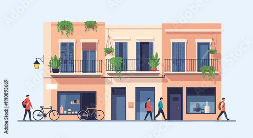 People walk past shops and apartments with balconies and potted plants