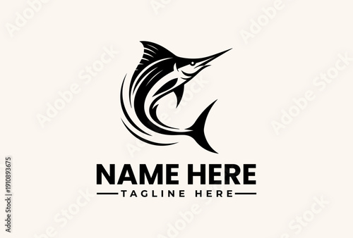 A stylized illustration of a marlin fish logo with a placeholder name and tagline on a clean white background, featuring a vector graphic design.