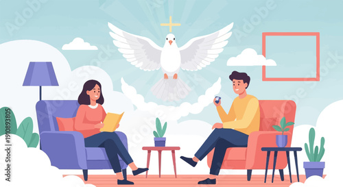 Peaceful scene with a couple in a living room, a dove above