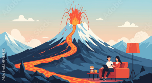 Pixel art scene of a couple and dog near a volcano at sunset