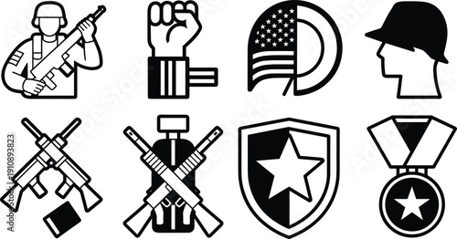 Military Service and Patriotism Icon Collection Featuring Soldier, USA Flag, Crossed Rifles, Shield and Honor Medal in Bold Outline Vector Style