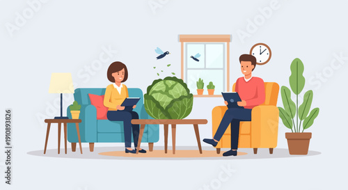 People in living room with giant cabbage, tablet computers, plants, and clock