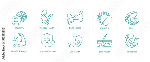 Essential Vitamins and Immunity Icons. Vector Set for Vitamin C, D, Zinc, and Potassium.