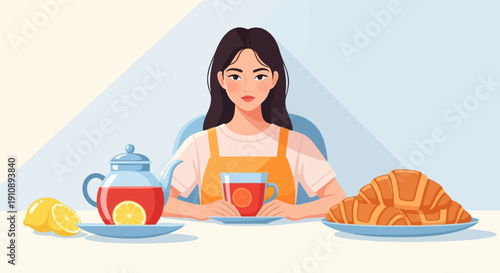 Person enjoying a warm beverage with pastries and fruit