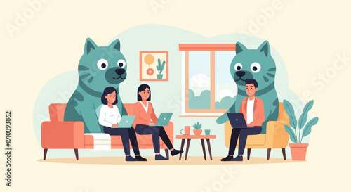 People work on laptops in a room with large cats and plants