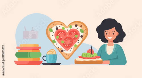 Person enjoying healthy heart-shaped toast and tea, with stacks of books