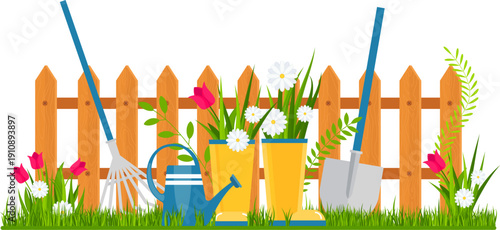 Potted chamomile and tulips. Garden flowers. Flat vector illustration isolated on white background.