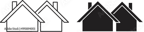 Simple House Icon Set with Outline and Solid Style, Black and White Home Vector Illustration for Real Estate Branding