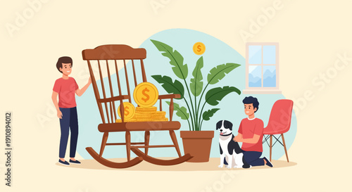 Person, dog, plant, rocking chair with coins by window