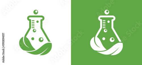 Creative eco logo combining laboratory flask and leaf symbol. Ideal for natural ingredient, organic product and green science branding.