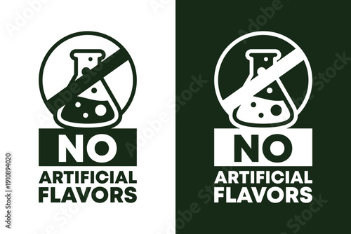 Bold logo with laboratory flask and prohibition sign. Clear no artificial flavors concept ideal for food packaging and clean ingredient branding.