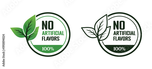 Green natural badge logo with leaf concept and no artificial flavors message. Ideal for organic food, beverage, healthy and eco product packaging.