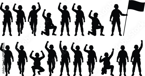 Military Soldier Silhouettes with Raised Fists and Flag, Victory and Patriotism Concept Black Vector Illustration Collection