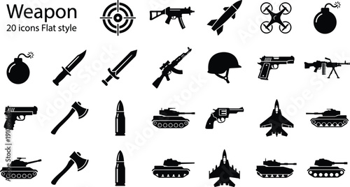Weapon Icon Collection Flat Style, Military Arms Silhouettes Set with Guns, Missiles, Tanks and Combat Equipment Vector Illustration