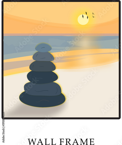 Zen Stone Stack on Beach at Sunset Vector Illustration