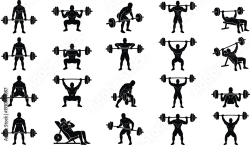 Weightlifting and Strength Training Silhouette Set Featuring Barbell Squat, Deadlift, Bench Press and Overhead Press Exercises Vector Collection