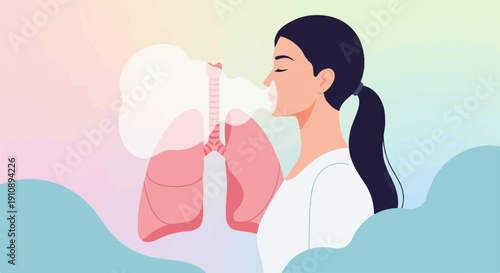 Person exhaling, lungs and airway depicted, abstract background