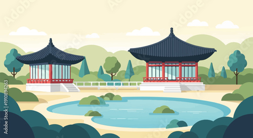Peaceful Korean-style pavilions beside a tranquil pond amidst lush greenery