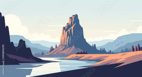 Pixelated desert landscape with river and towering rock formations under a hazy sky